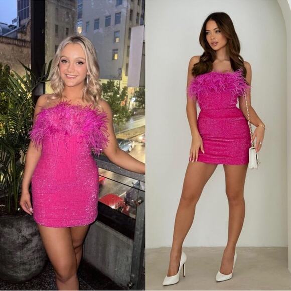 Retrofete Torin Fuchsia Pink Sequin Feather Hem Mini Dress Size Medium - Picture 3 of 10